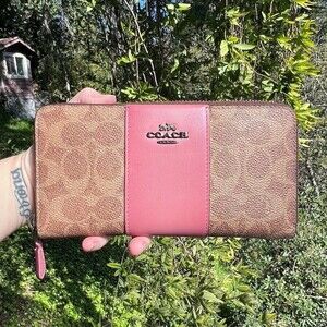 COACH Long Zip-Around Wallet Tan/Pink Signature Canvas & Leather w Gold Hardware